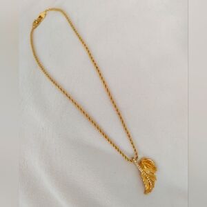 Vintage Givenchy Gold Tone Feather with Rhinestone Necklace